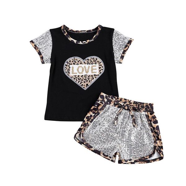 

clothing sets 2021 children's girl's leopard print 2pcs t-shirt suit short sleeve heart printed patchwork baby clothes, White