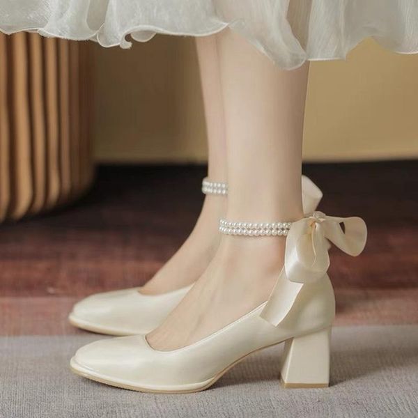 

dress shoes rimocy elegant string bead bow pumps women 2021 square toe thick high heels party woman pu leather shallow ladies, Black
