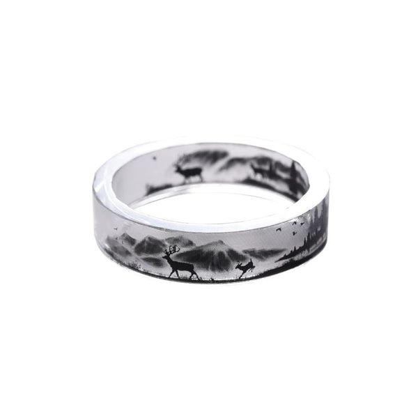 

wedding rings handmade transparent resin ring jewelry with elk and birds scenery inside black white for women 2021, Slivery;golden