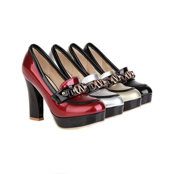 

dress shoes womens round toe platform patent leather match colors block high heel pumps sandals plus size 2022, Black