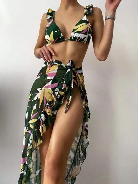 

plant print triangle thong bikini swimsuit & beach skirt f5th#, White;black
