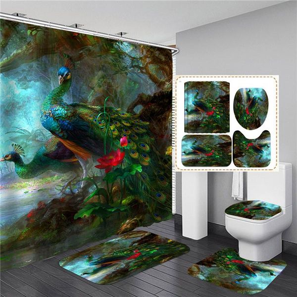 

peacock printed bathroom set shower curtain waterproof animal elegant bath screen with anti-slip bathing mats rugs flannel curtains