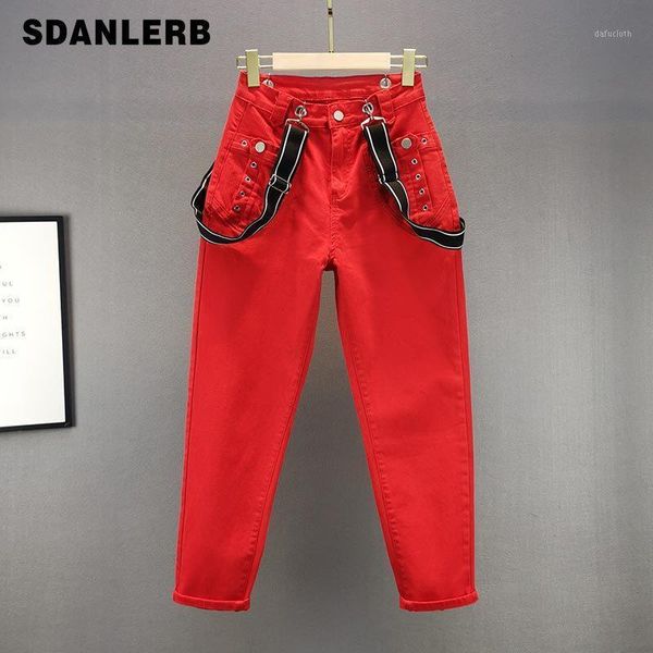 

trendy red jeans for women 2021 spring high waist denim trousers loose and slimming harem pants baggy femme overalls women's, Blue