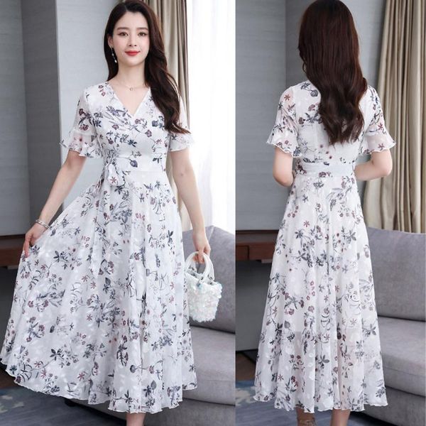 

midi dress women chiffon floral print vintage beach 2021 short sleeve dresses plus size 3xl casual, Black;gray