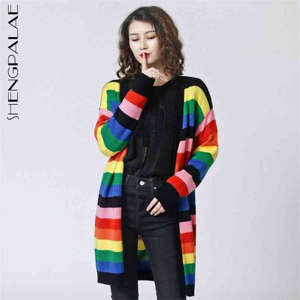 Rainbow Stripe Contraste Color Sweater Casaco Mulheres Primavera V-Pescoço Long Cardigan Feminino 210427