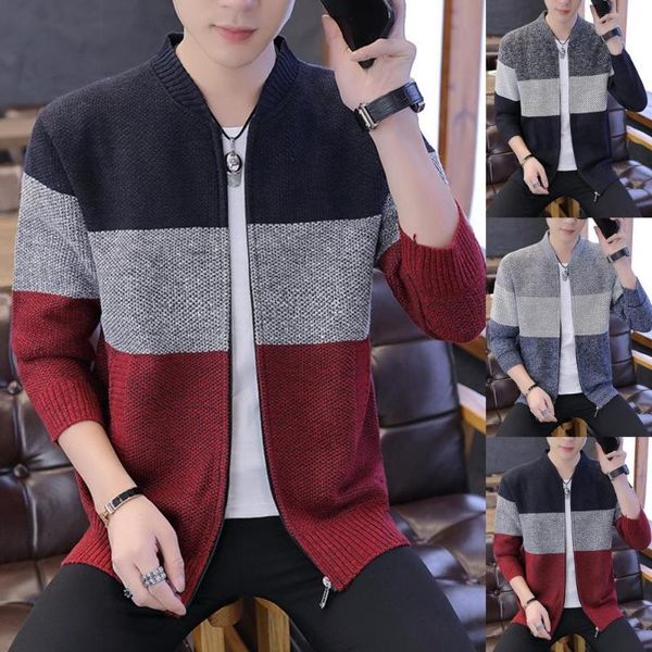 

men's jackets autumn men long sleeve knitted sweater thick warm color block zip jacket coat winter trench casual, Black;brown