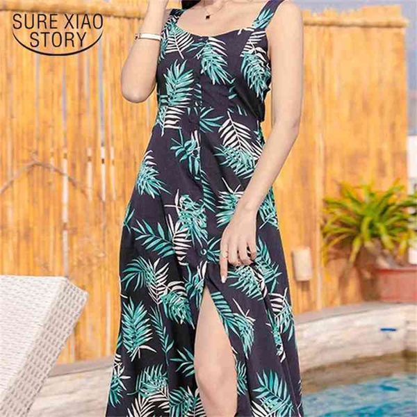 Fashion Bohemian Estilo Verão Vestido Sexy Sem Mangas Bow Backless Impressão Chiffon Mulheres Praia Meados de Calf 0077 30 210506