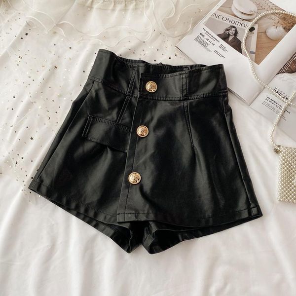 

women's shorts autumn and winter front skirt back pants washing water pu leather irregular long short film a-line high waist, White;black