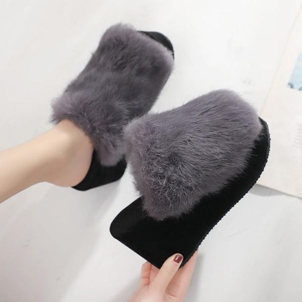 

slippers house platform fur shoes slides women heels on a wedge peep toe fashion pantofle flock plush high luxury 2021 with, Black