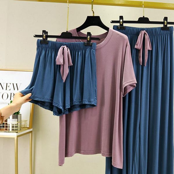 

short sleeved shorts trousers 3 womens sleepwears pcs home suit summer pajamas modal nightwear pyjama femme sleeping clothes, Black;red