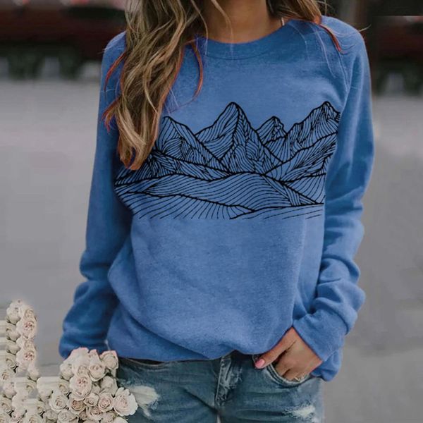 

casual mountain print sweatshirts thermal women crewneck long sleeve loose black red blue yellow green streetwear, White