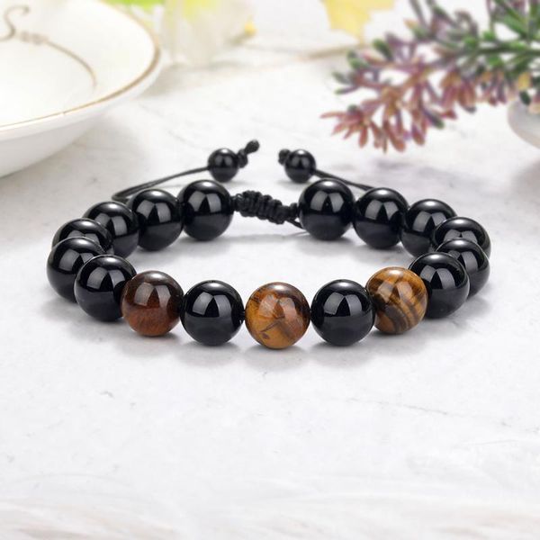 

beaded, strands men bracelet tiger eye stone braided matte natural beads couple distance charm yoga jewelry stretch, Black