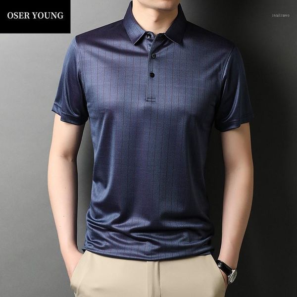 

silk vertical stripe short sleeve shirt men's lapel comfortable t-shirt business leisure middle aged summer pants, Black