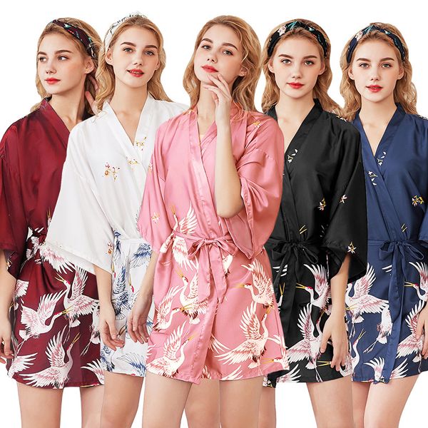 

new style 9 color ladies rayon short robe women elegant print nightgowns kimono bathrobe flower nightdress size -xxl, Black;red