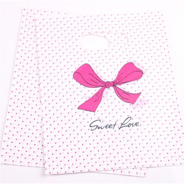 Novo design atacado 100 pçs / lote 20 * 25 cm rosa doce amor sacos de embalagem para t-shirt sacos de compras plásticas com ponto