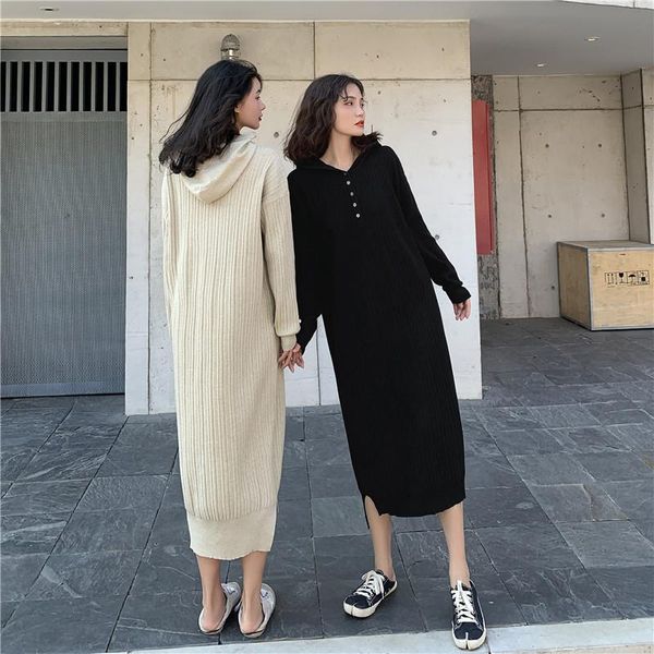 

casual dresses winter straight sweater women thick long knitted hoodies dress loose woman mid-calf vestidos femme jk301, Black;gray