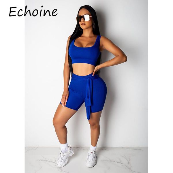 

echoine fashion tracksuit women two piece set crop and short pants solid color backless bandage sportwear suit 2 women's, White
