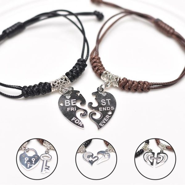 

charm bracelets 2pcs couple bracelet men women friendship charms adjustable stainless steel heart pendant leather rope bangle jewelry, Golden;silver