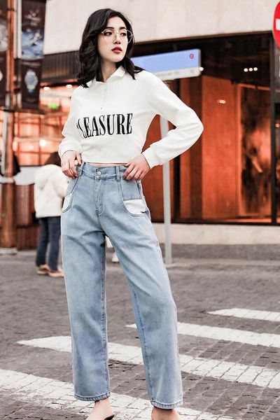 

women's jeans obrix female straight casual mid waist fashion streetwear european american style for women, Blue