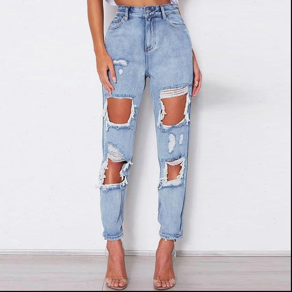 

women jean ripped jeans beggar big holes destroyed broken torn pants vintage female denim trousers distressed designer boyfriend, Blue