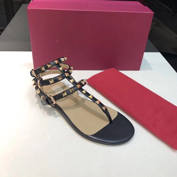 

2021 mujer color rivets spiked gladiator flat women sandals stones studded flip sandal big size designer women's shoes summer34-41, Black