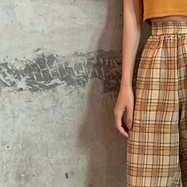 

plaid loose high waist women capri wide leg straight casual long trousers mujer streetwear, Black;white