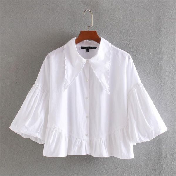 

women's blouses & shirts 2021 summer wide lapel puffy short-sleeved hem stacked front breasted decorative short shirt, White