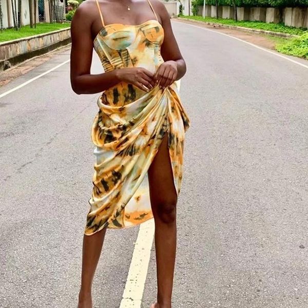 

casual dresses 2021 women vintage yellow tie dye flower print spaghetti strap dress hem slim waist slit irregular long sling vestido, Black;gray