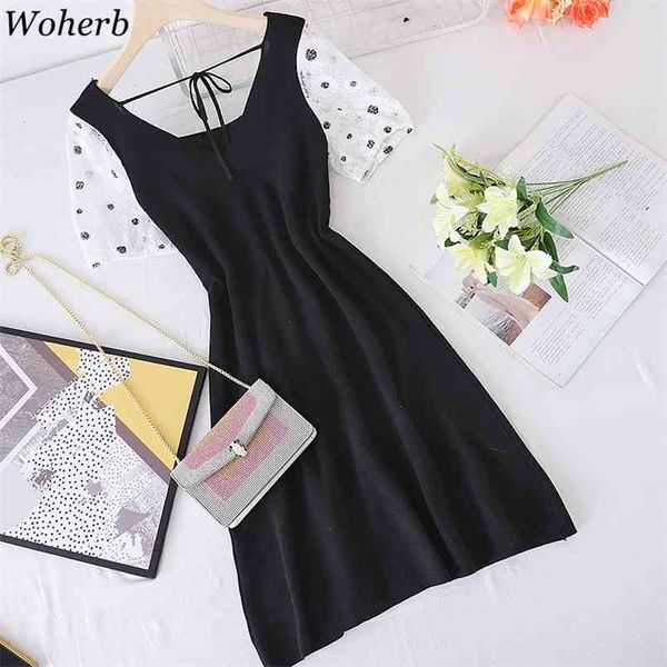 Abito donna coreano elegante abito nero patchwork garza manica corta mini abiti retro temperamento scollo a V abiti sottili 210519