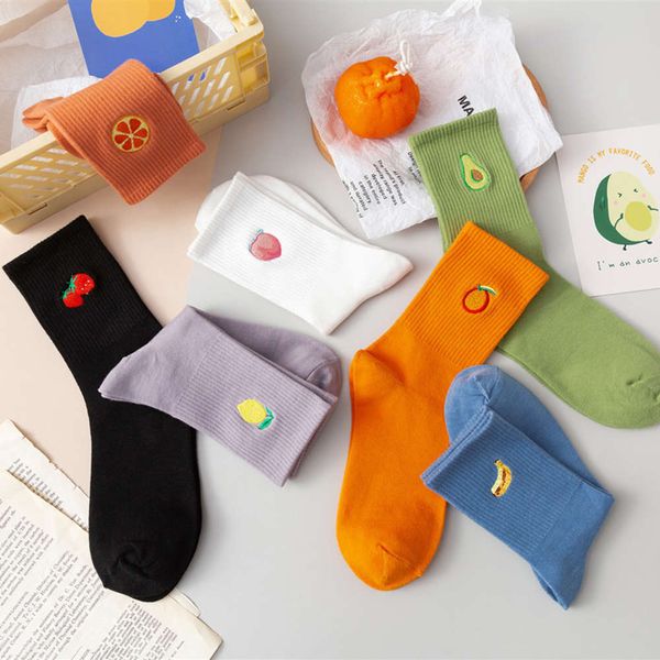 

cute embroidered fruit high socks avocado strawberry breathable women cotton sports streetwear art patterned sock, Black;white