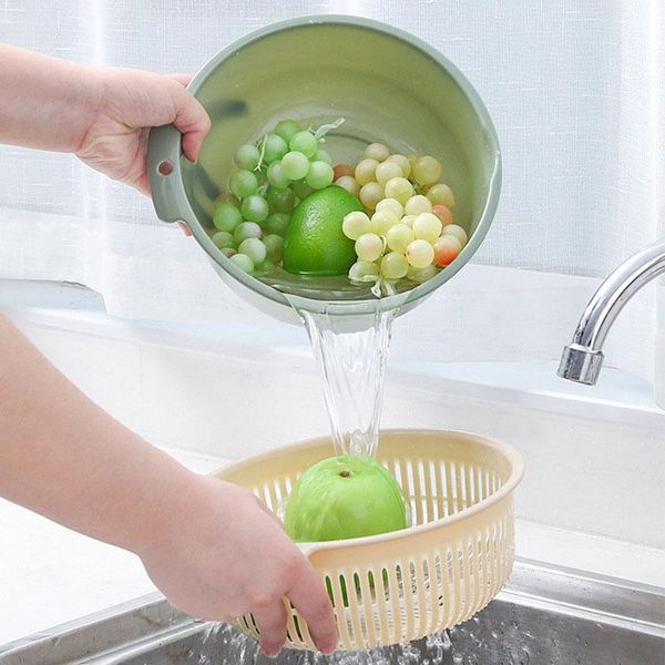 

storage baskets household fruit drain basket double-layer plastic vegetable wash tray kitchen strainer colander