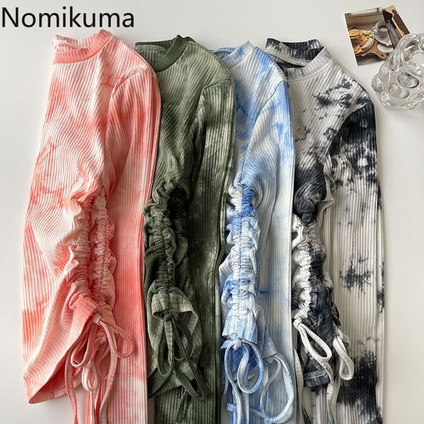 

nomikuma tie dye drawstring slim shirts for women long sleeve o-neck graphic t shirts spring new tshirt feminimos tee 6f969 210427, White