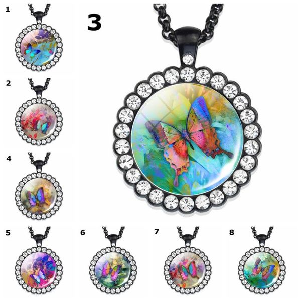 

pendant necklaces colorful butterfly round rhinestone glass cabochon black chain necklace fashion men women party jewelry accessories, Silver