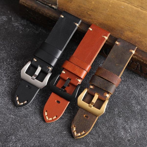 

watch bands hand-folded leather watchband, 20 22 24 26mm for pam111 441 brown men first layer calfskin strap no interlayer, Black;brown