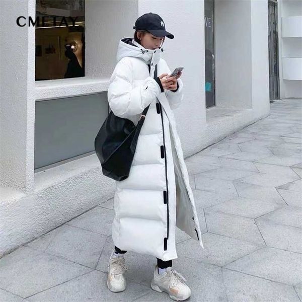 

long down jacket women's coat winter korean oversized thick warm hooded parka black white cotton jackets 211013