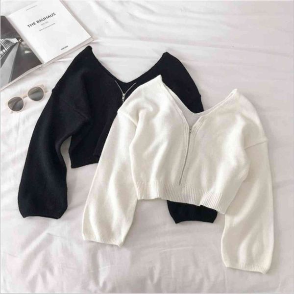 

winter long sleeve for womens sweater women casual chic zipper knitted white black korean short sweaters autumn