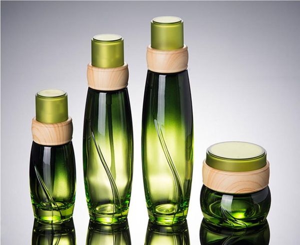 

storage bottles & jars 10pcs wooden design emerald green glass cream bottle jar 50g cosmetic container emulsion lotion pump 40ml 100ml