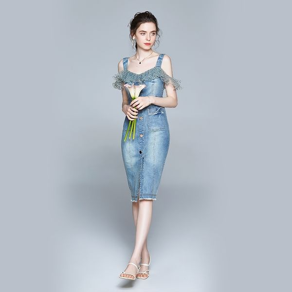 

fashion women summer denim dress dot mesh patchwork ruffle jean es strapless vestidos 210520, Black;gray