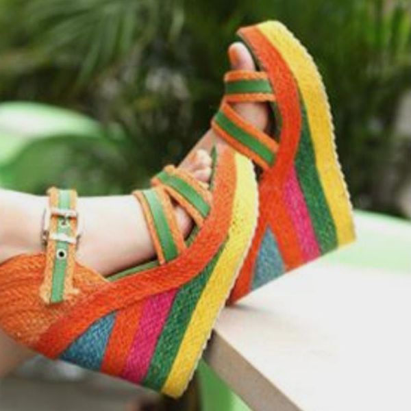 

sandals rainbow color women's summer wedges shoes woven platform heels ladies 2021 style fashion female ankle buckle strap, Black