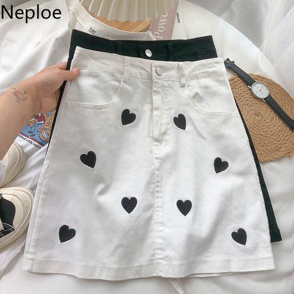 

neploe woman mini shirts love embroidery denim skirt summer korean fashion jupe high waist all-match bodycon faldas mujer 210422, Black