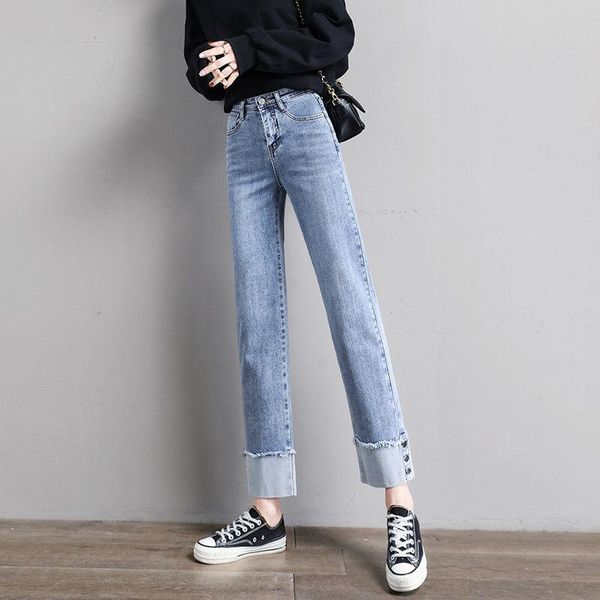 

boyfriend trousers straight-leg jeans women's high-waisted are thin summer 2021 wide-leg cropped, Blue