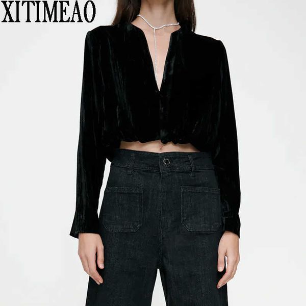 

za women fashion retro short v-neck long sleeve pullover shirt black sequin decoration elegant blouse clothing 210602, White