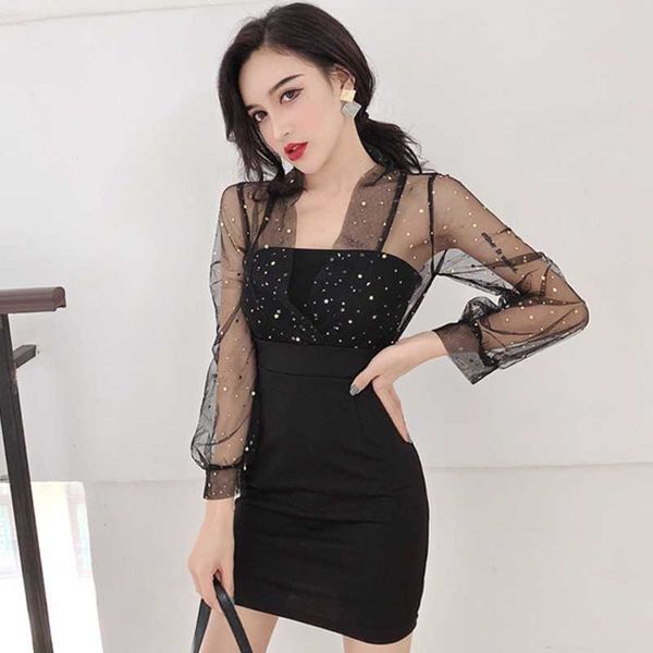 

summer casual dres lace long sleeve elegant fresh black ribbon hollow chiffon mini 210601, Black;gray