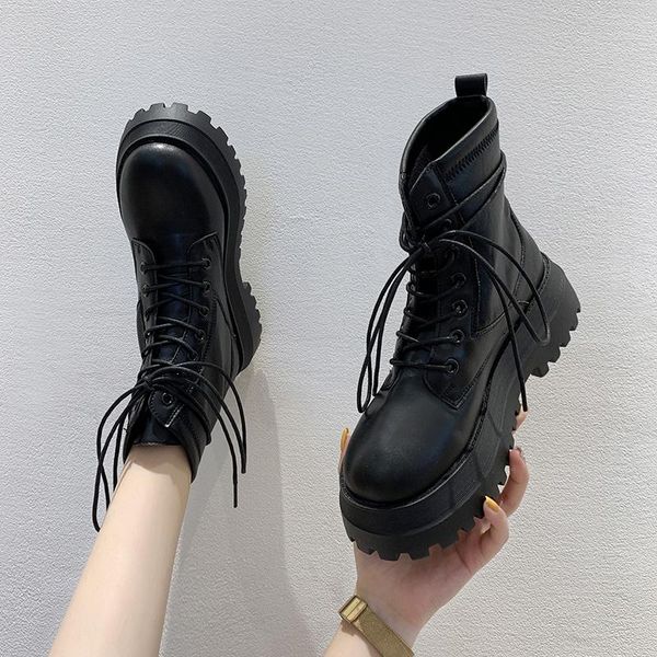 

boots shoes med heel round toe boots-women lace up ladies ankle 2021 rock autumn rubber summer pu solid cross-tied lace-up basi, Black