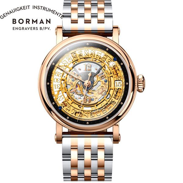 

wristwatches borman classic skeleton dial automatic mechanical men watch stainless steel band sapphire glass waterproof 50m watches, Slivery;brown