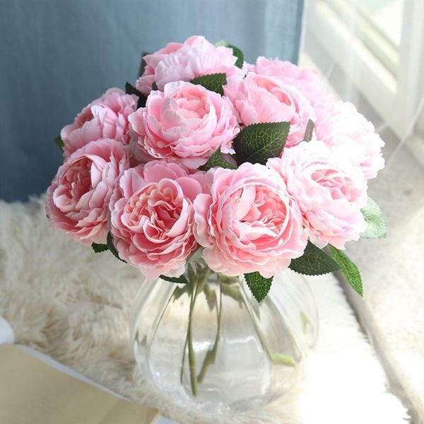 

28cm rose tea pink silk peony artificial flowers bouquet fake leaf for home wedding party decoration indoor decorative & wreaths