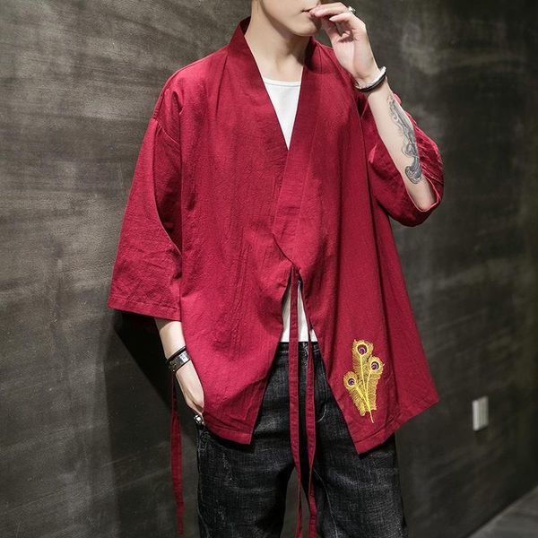 

ethnic clothing 2021 summer chinese style linen jacket hanfu men costume suit loose plus size cotton retro tang robe male 31184, Red