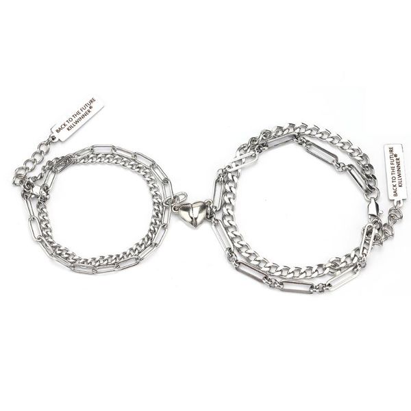 

charm bracelets 2pcs/set stainless steel double cuba chain vintage couple bracelet heart magnet attractive jewelry gifts for men and women, Golden;silver