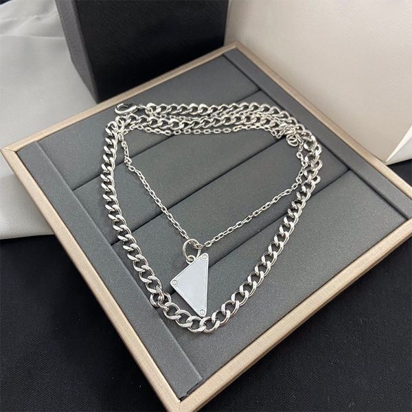 

brand designer necklace triangle chains remake metal chain necklaces double-deck womens for lady luxury fashion habbly, Silver