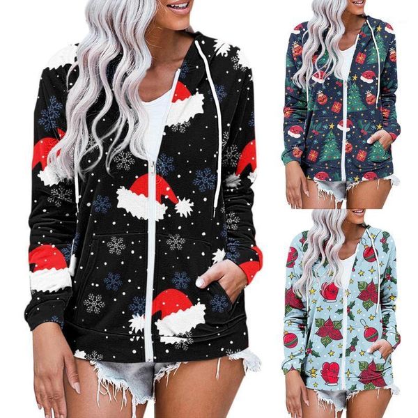 

women's jackets long sleeve tunics zip up hoodies sweatshirt casual chrismas printing zipper hooded with pockets coat roupas femininas, Black;brown